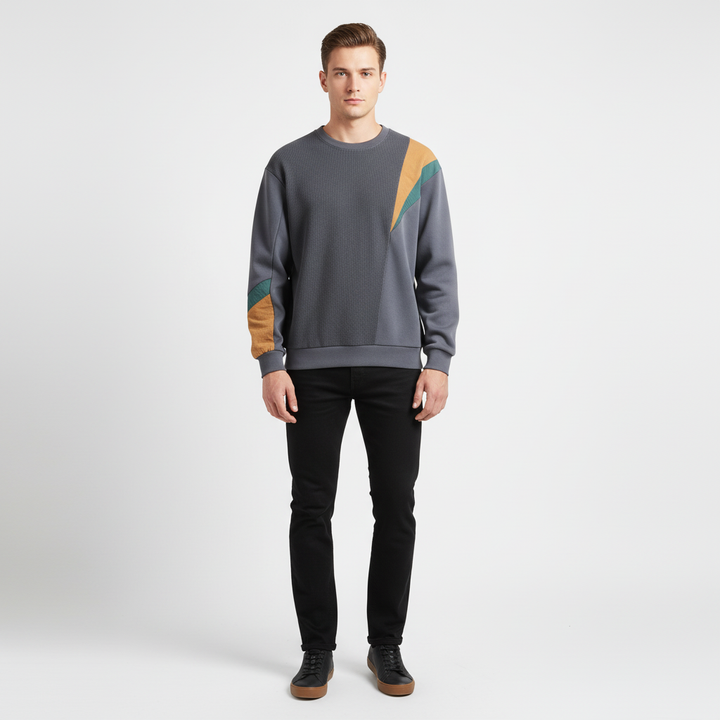 Comfortable men's color block sweater, polyester cotton blend, featuring a classic crew neck