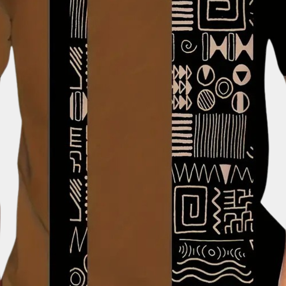 Men's brown color block short sleeve tee, modern comfortable design, perfect for casual everyday style.
