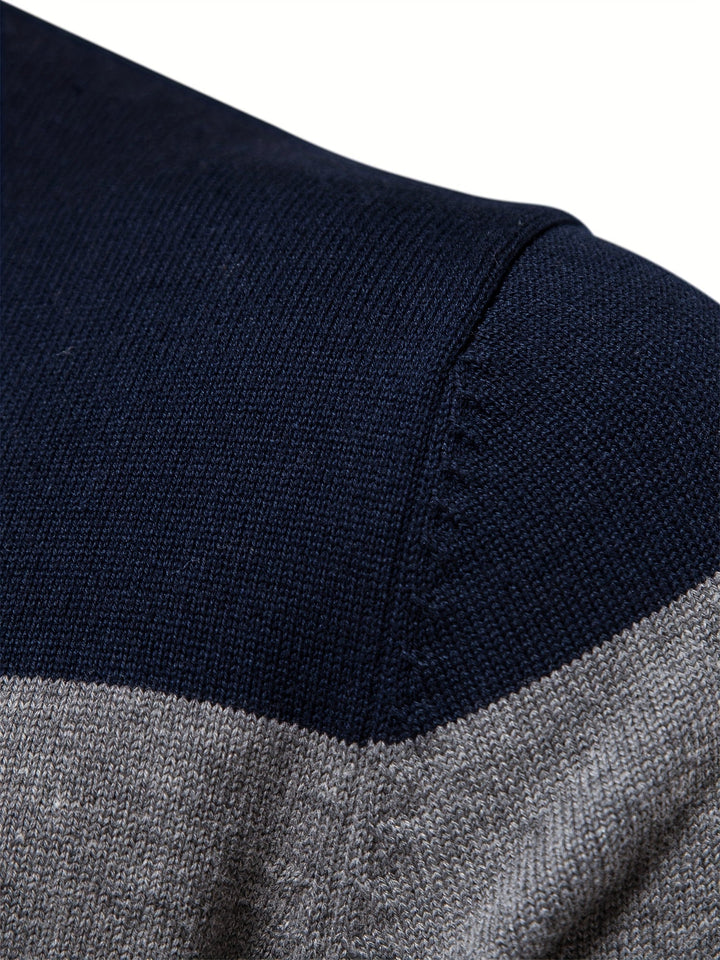 Modern men's half-zip cotton sweater. Comfortable pullover, perfect for everyday casual wear & winter warmth.
