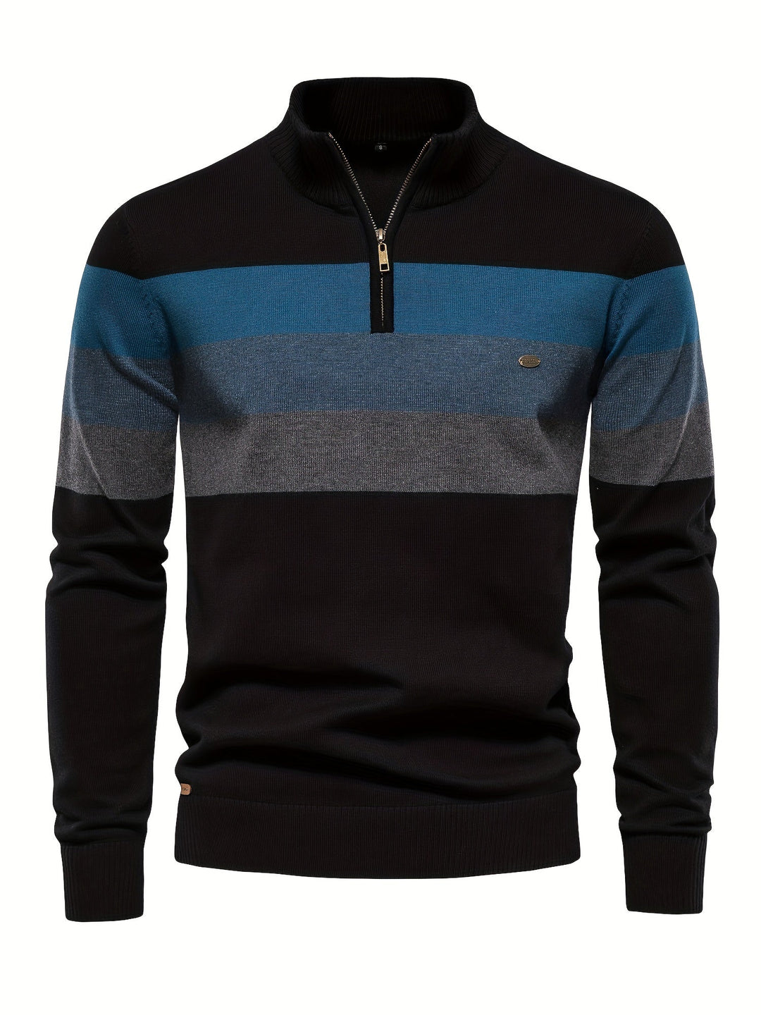 Stylish men's color block half-zip sweater. Trendy cotton pullover for comfortable fall & winter style.