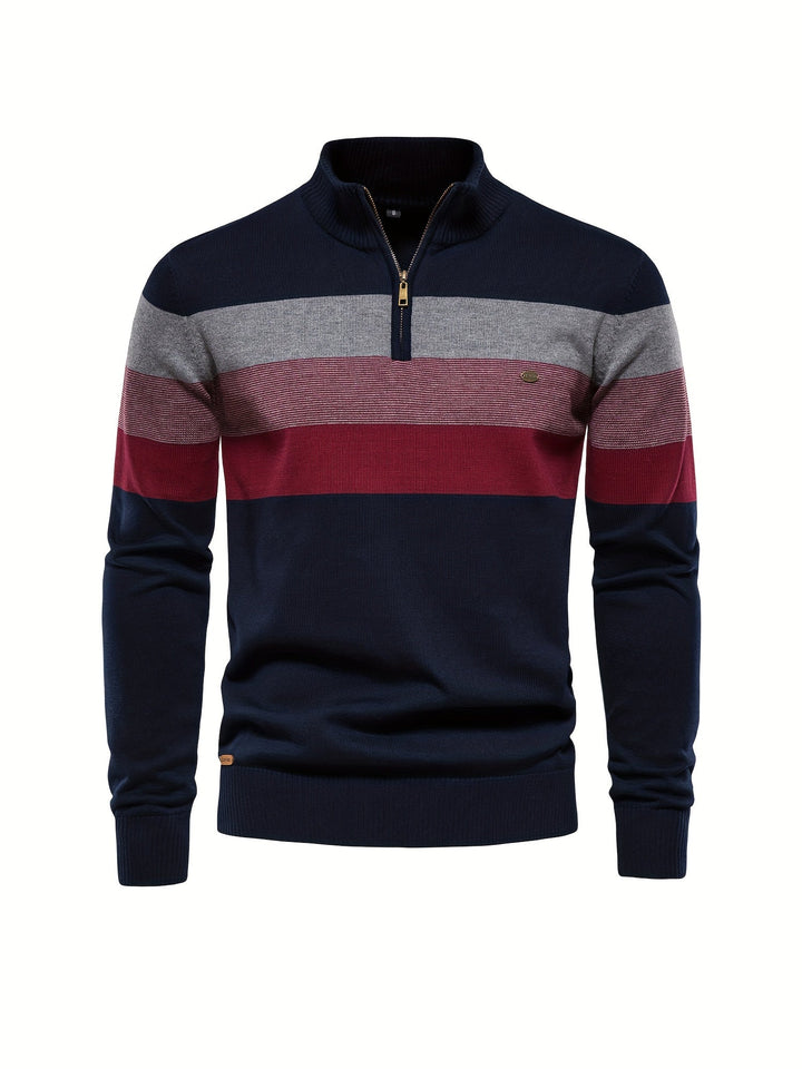 Modern men's warm cotton half-zip pullover. Ideal for casual wear, layering in fall and winter fashion.