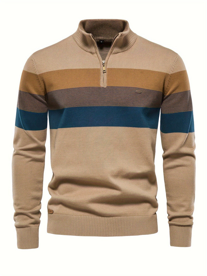 Comfortable men's half-zip knit sweater. Versatile cotton pullover for everyday layering and warmth.