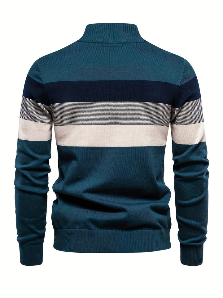 Everyday men's half-zip sweater. Modern design, warm cotton knit pullover for casual fall style.