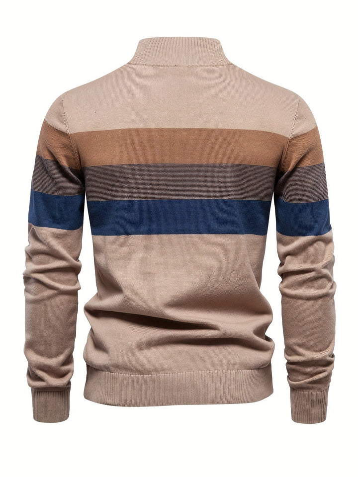 Warm men's cotton knit half-zip pullover. Essential for winter style, comfortable casual wear & layering.