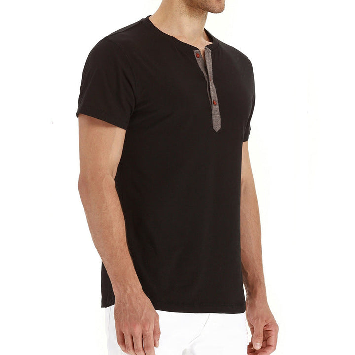 Stylish men's casual tee, cotton, short sleeve, button placket, ideal for summer.