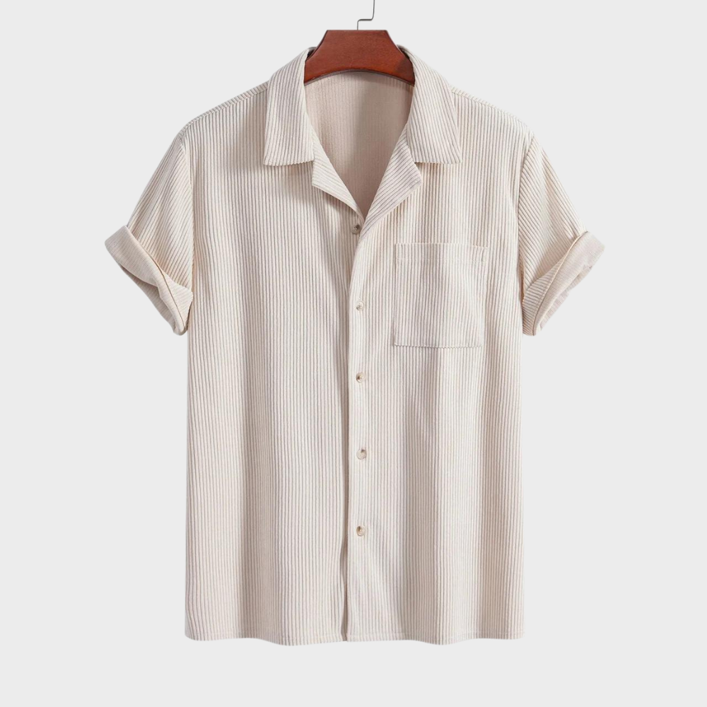 Stylish men's Cuban collar button-up shirt with an open collar, short sleeve, ideal for casual resort wear.