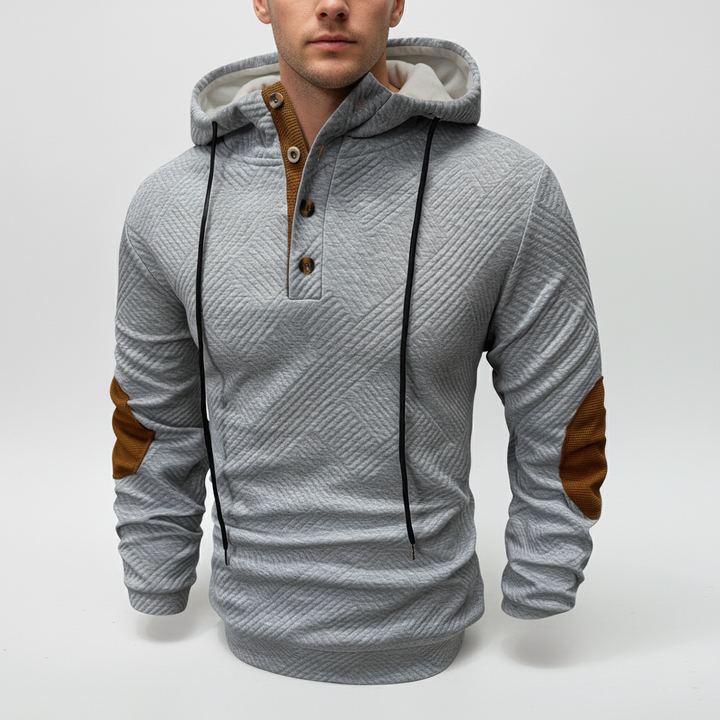 Sporty men's pullover hoodie in soft fleece with unique half-button design