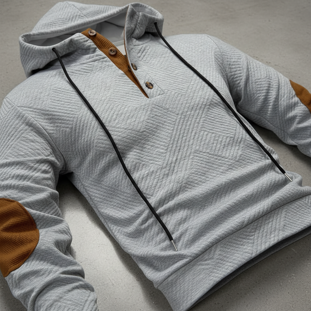 Comfortable men's stretch hoodie with half-button placket, ideal casual outerwear