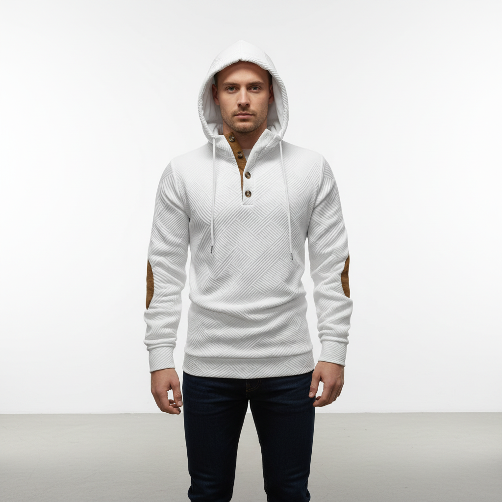 Casual men's long-sleeve hoodie, pullover style with functional half-button placket