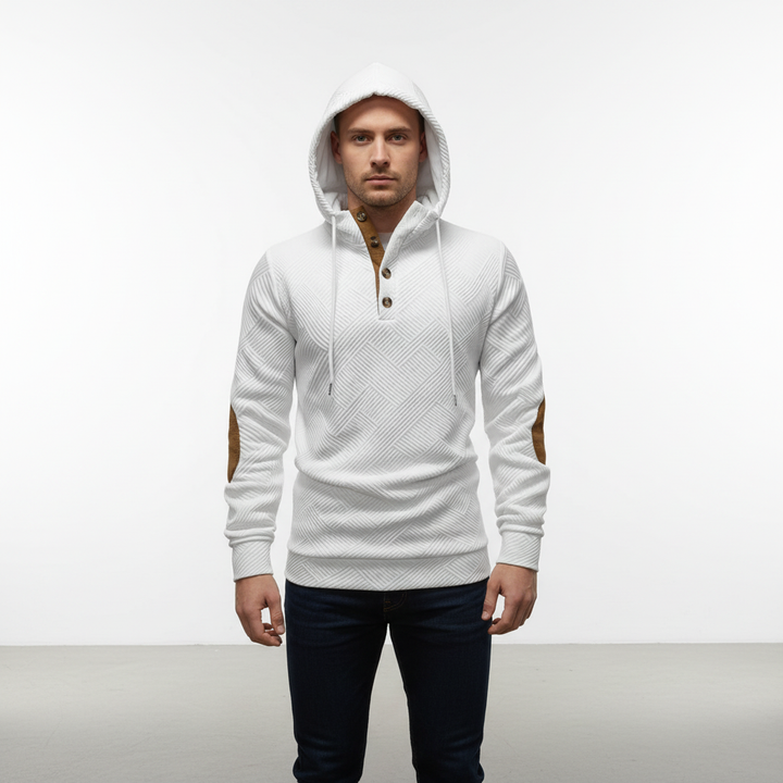 Casual men's long-sleeve hoodie, pullover style with functional half-button placket