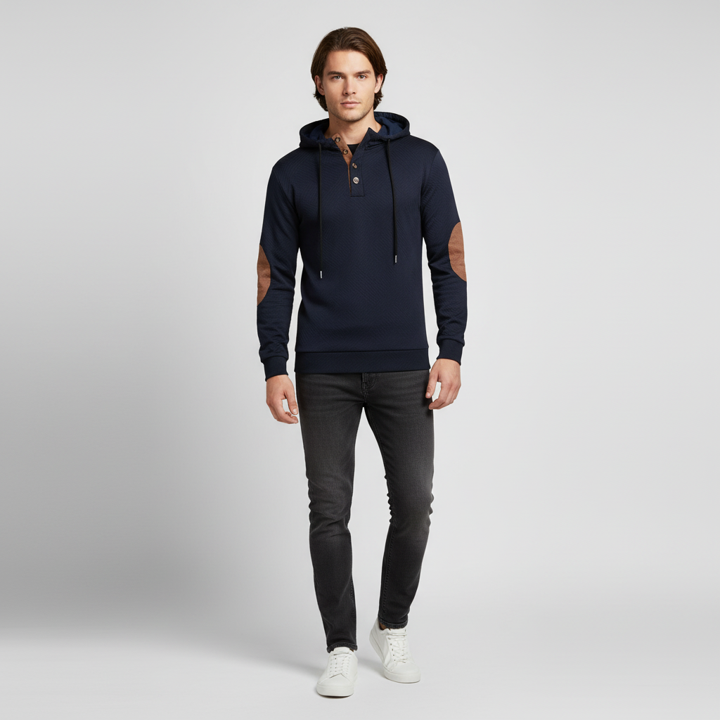 Sporty men's outerwear hoodie, fleece material with a distinctive half-button detail