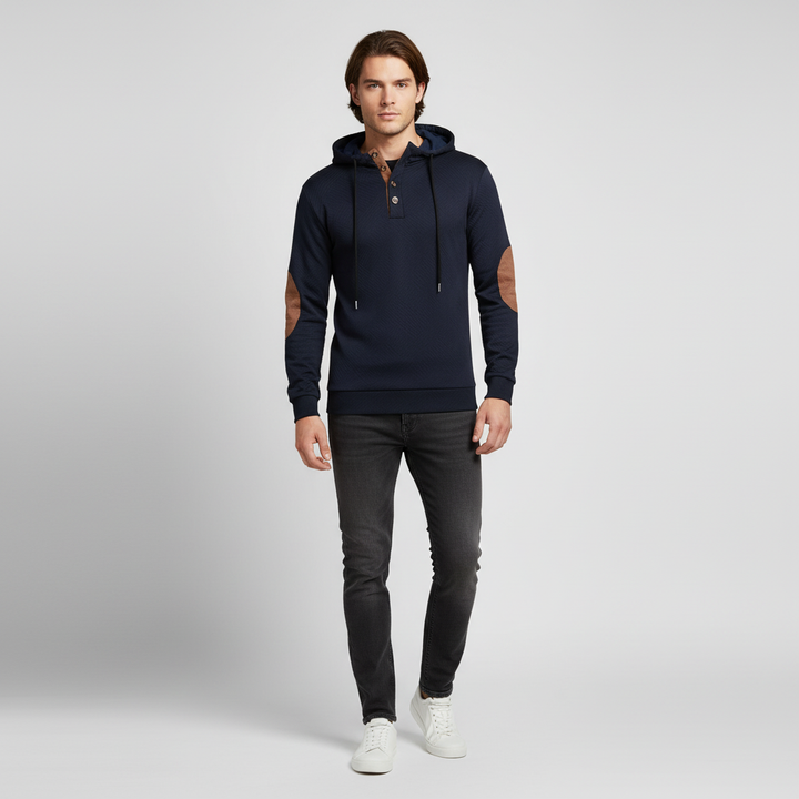 Sporty men's outerwear hoodie, fleece material with a distinctive half-button detail