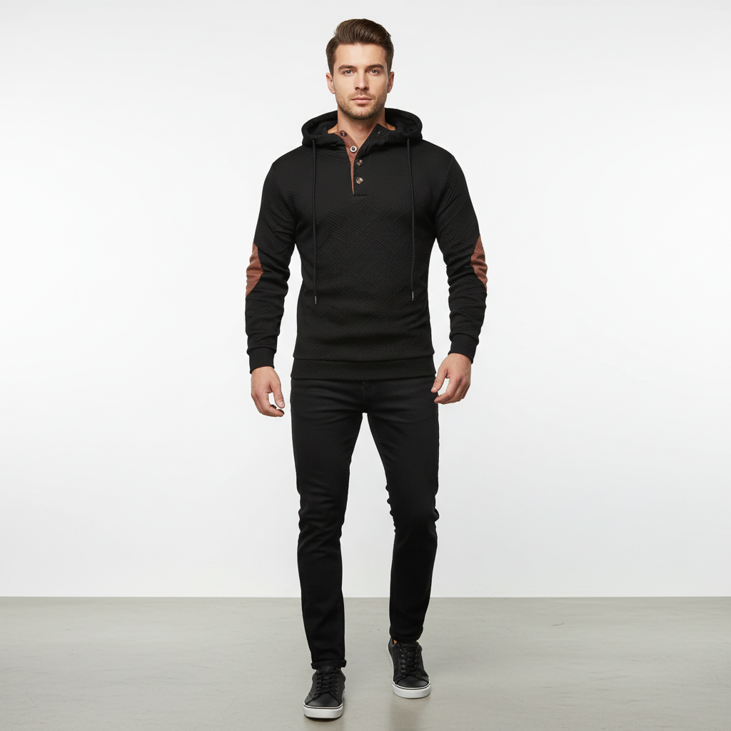 Men's comfortable autumn hoodie, stretch fabric and a modern half-button design