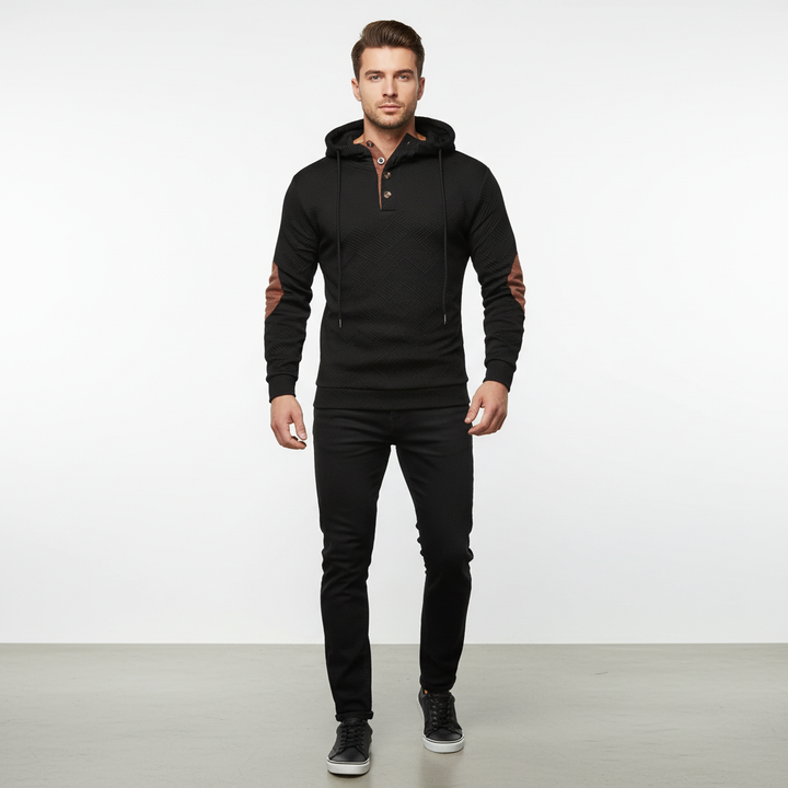 Men's comfortable autumn hoodie, stretch fabric and a modern half-button design