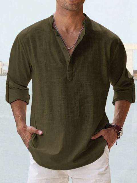 Men's casual Henley top, long sleeve with mandarin collar and button placket, ideal for comfortable summer style.