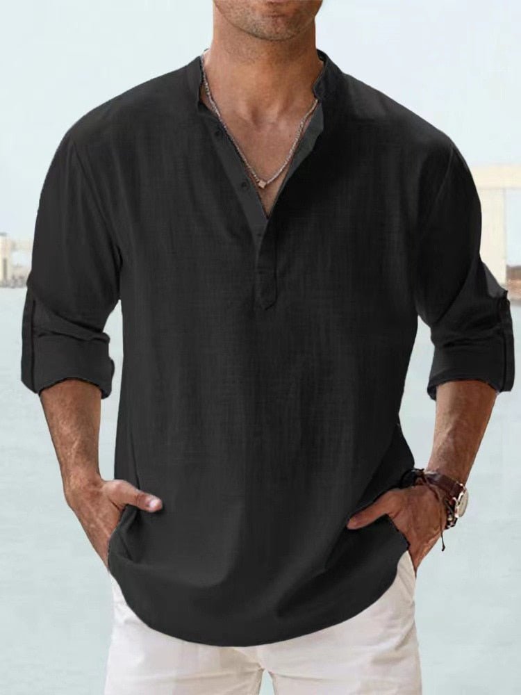 Relaxed fit men's long sleeve Henley top, featuring a stylish mandarin collar for comfortable summer wear.