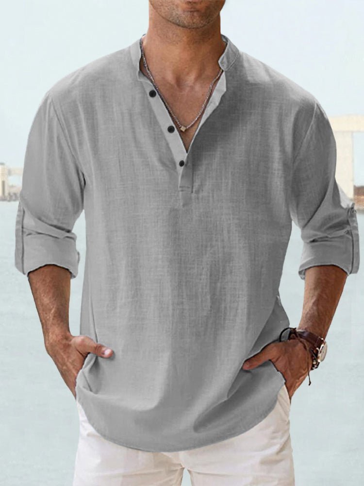 Stylish men's long sleeve top with a unique mandarin collar & button-up Henley placket, perfect for casual looks.