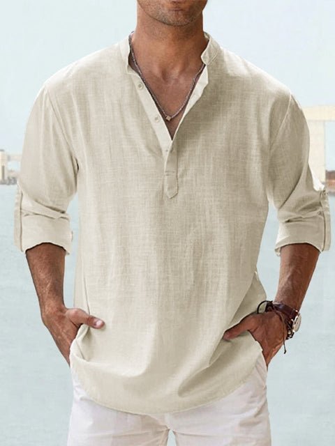 Trendy men's mandarin collar long sleeve Henley, a stylish & comfortable summer top for casual occasions.