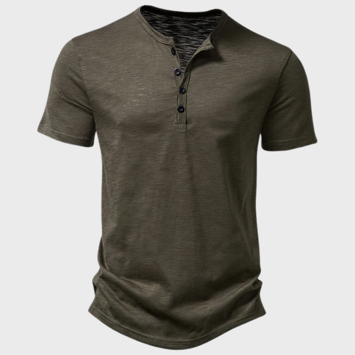 Men's casual henley t-shirt in modern fit. Comfortable short sleeve top, perfect for everyday wear and stylish men's fashion.