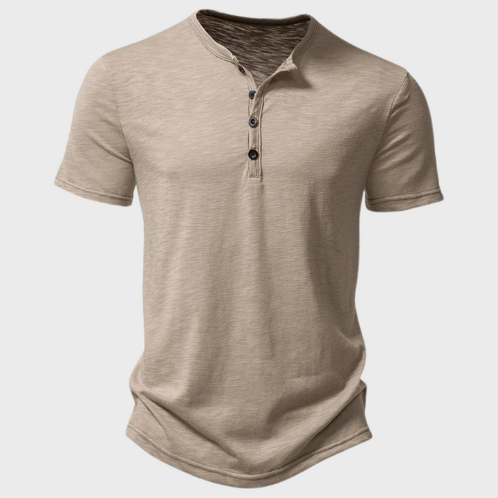 Modern fit men's casual henley t-shirt. Stylish and comfortable short sleeve top, a versatile wardrobe essential for men's fashion.