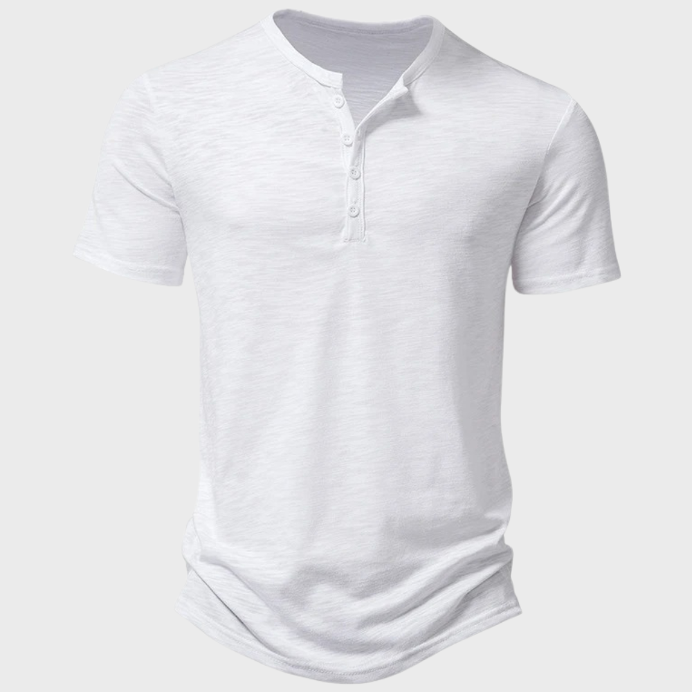 Men's short sleeve henley t-shirt. Comfortable modern fit casual top, ideal for versatile everyday men's fashion.
