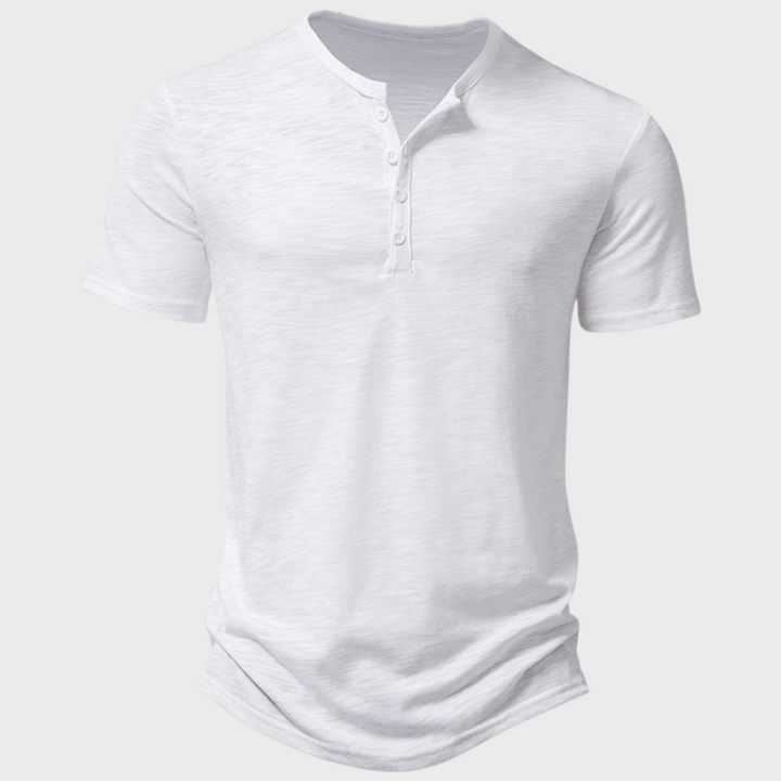 Men's short sleeve henley t-shirt. Comfortable modern fit casual top, ideal for versatile everyday men's fashion.