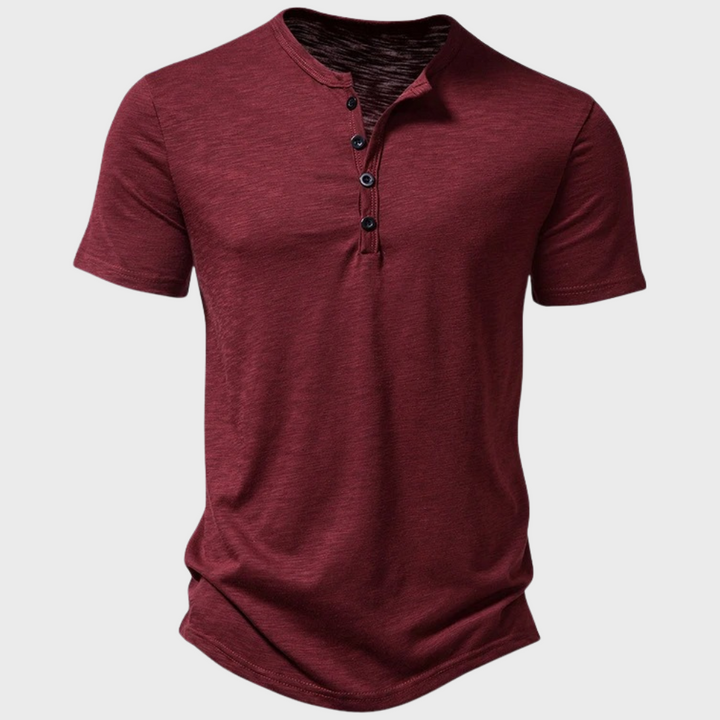 Versatile men's casual henley t-shirt. Comfortable modern fit short sleeve top, perfect for stylish everyday men's wear.