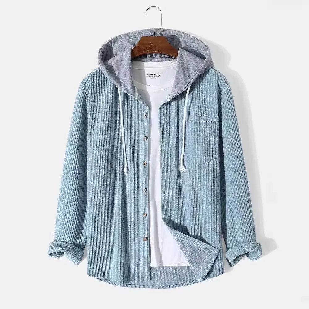 Men's casual hooded button-up shirt, perfect for everyday comfort & versatile styling.