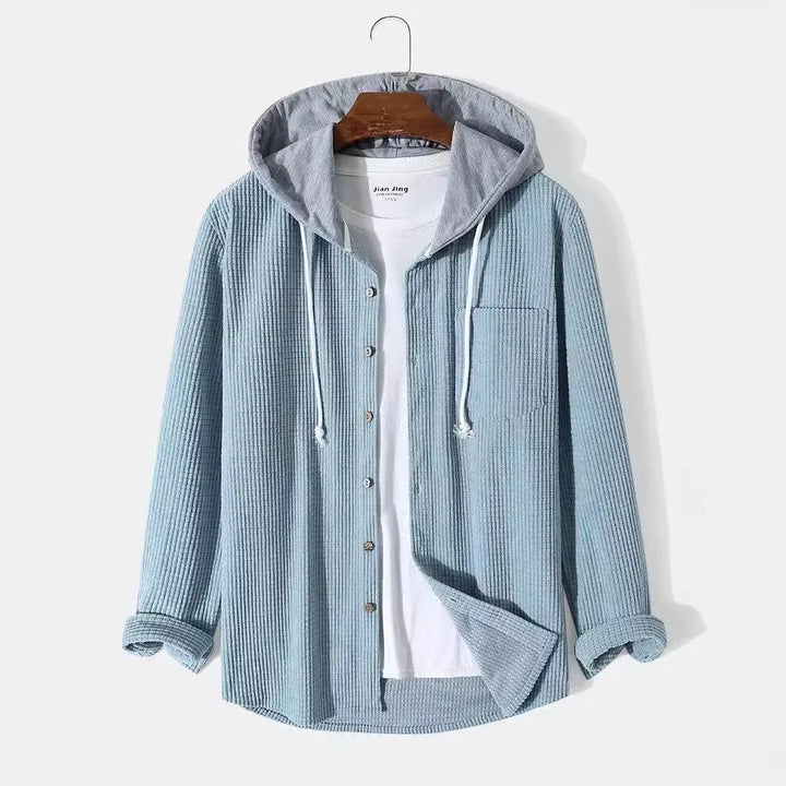 Men's casual hooded button-up shirt, perfect for everyday comfort & versatile styling.
