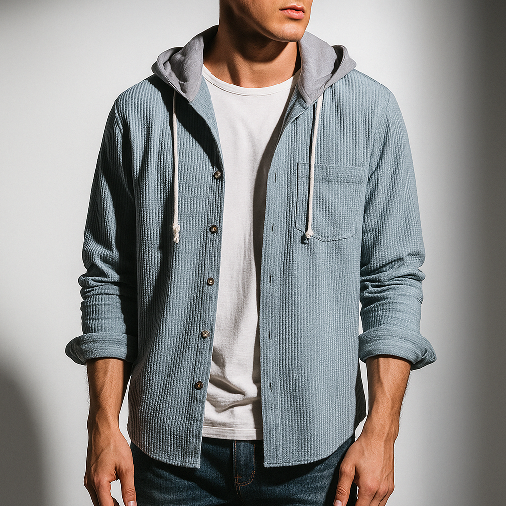 Stylish men's long-sleeve hooded button-up shirt, ideal for casual wear & layering in fall.