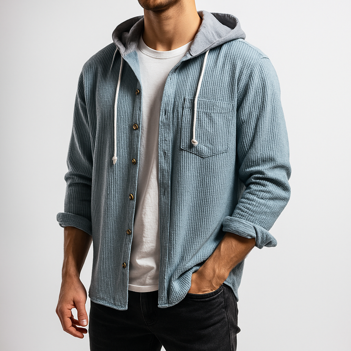 Versatile men's hooded button-up shirt. A comfortable long-sleeve layering top for casual fashion.