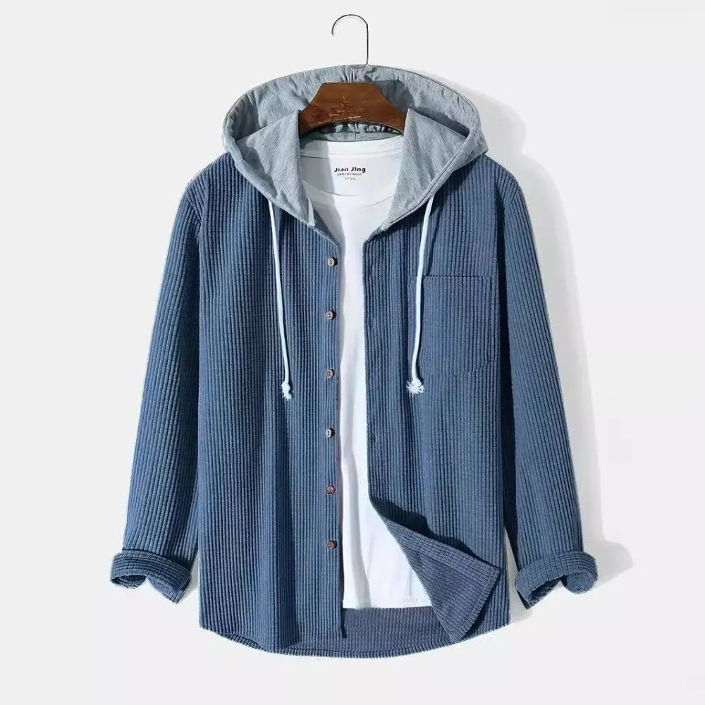 Casual men's hooded button-up shirt, long-sleeve design, great for layering & versatile everyday wear.