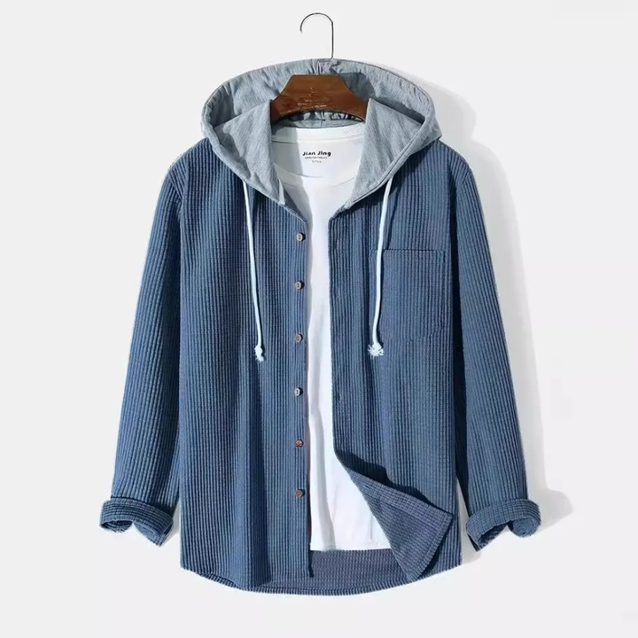 Casual men's hooded button-up shirt, long-sleeve design, great for layering & versatile everyday wear.
