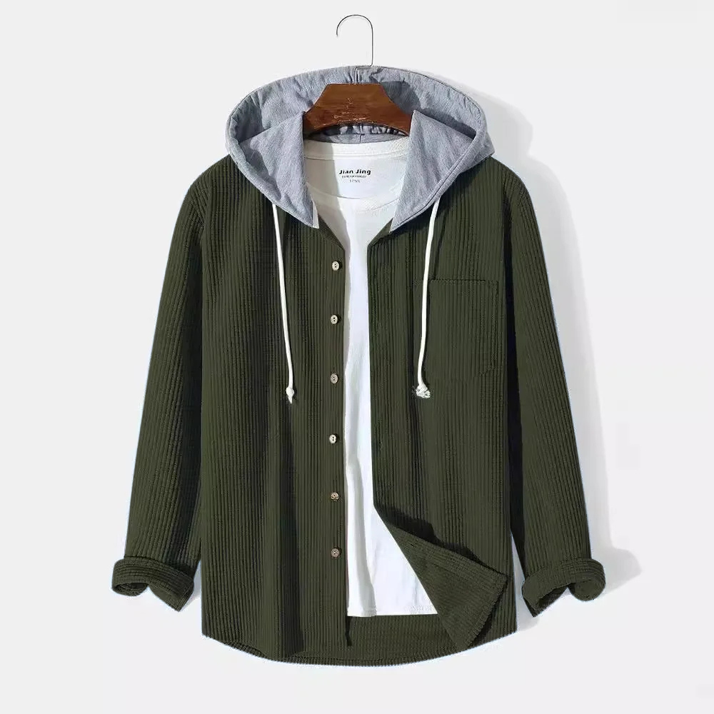 Men's fashion hooded button-up shirt. Comfortable long-sleeve casual wear, ideal for versatile styling.