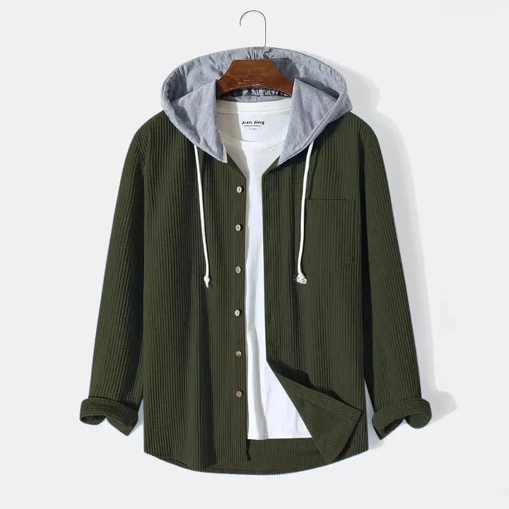 Men's fashion hooded button-up shirt. Comfortable long-sleeve casual wear, ideal for versatile styling.