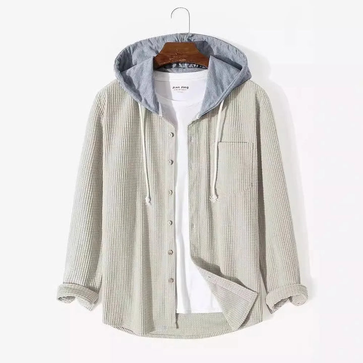 Everyday men's long-sleeve hooded button-up shirt, perfect for casual style and comfortable layering.