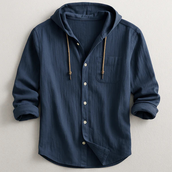 Men's casual hooded button-up shirt with a chest pocket, perfect for layering.