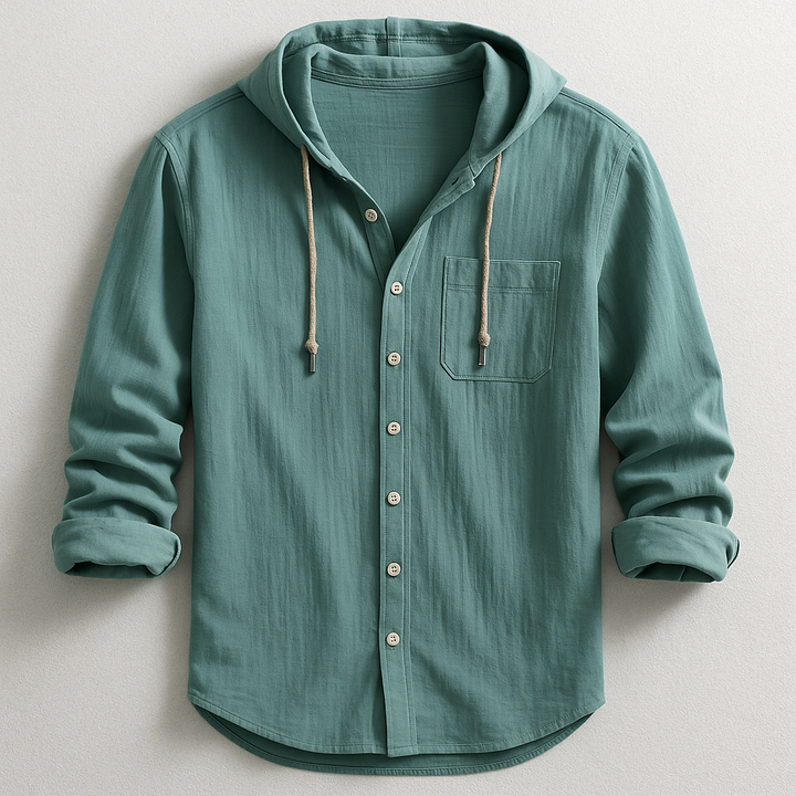 Relaxed fit men's hooded button-up shirt, long sleeve, for casual layering fashion.