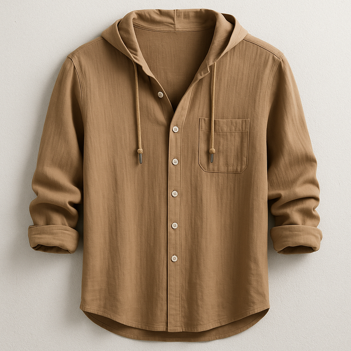Men's hooded button-up shirt with a functional chest pocket & adjustable drawstring hood.