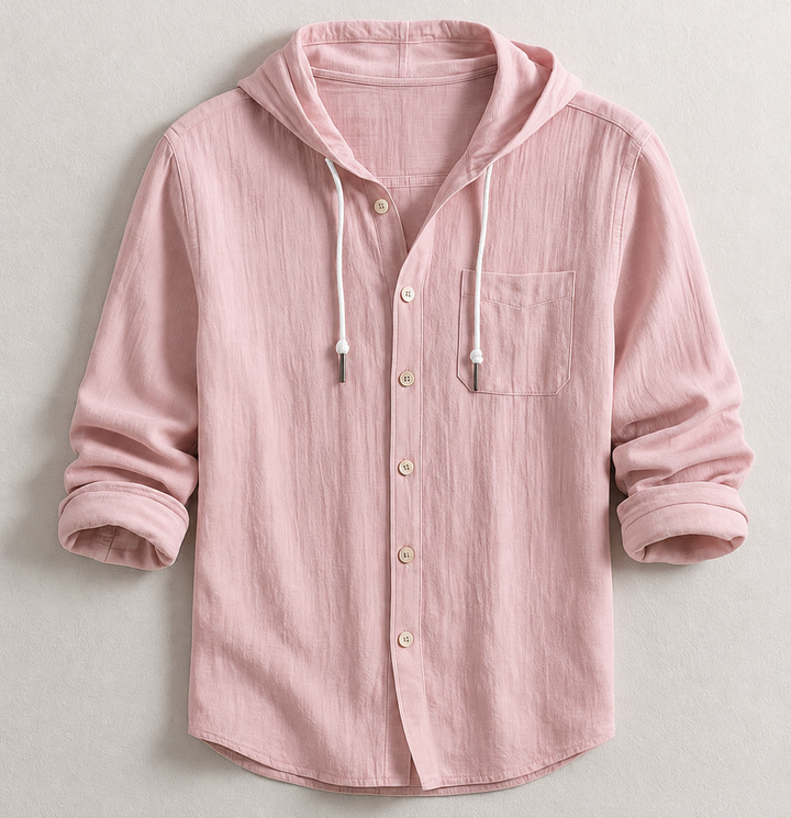 Man wearing a casual hooded button-up long-sleeve shirt, ideal for everyday men's fashion.