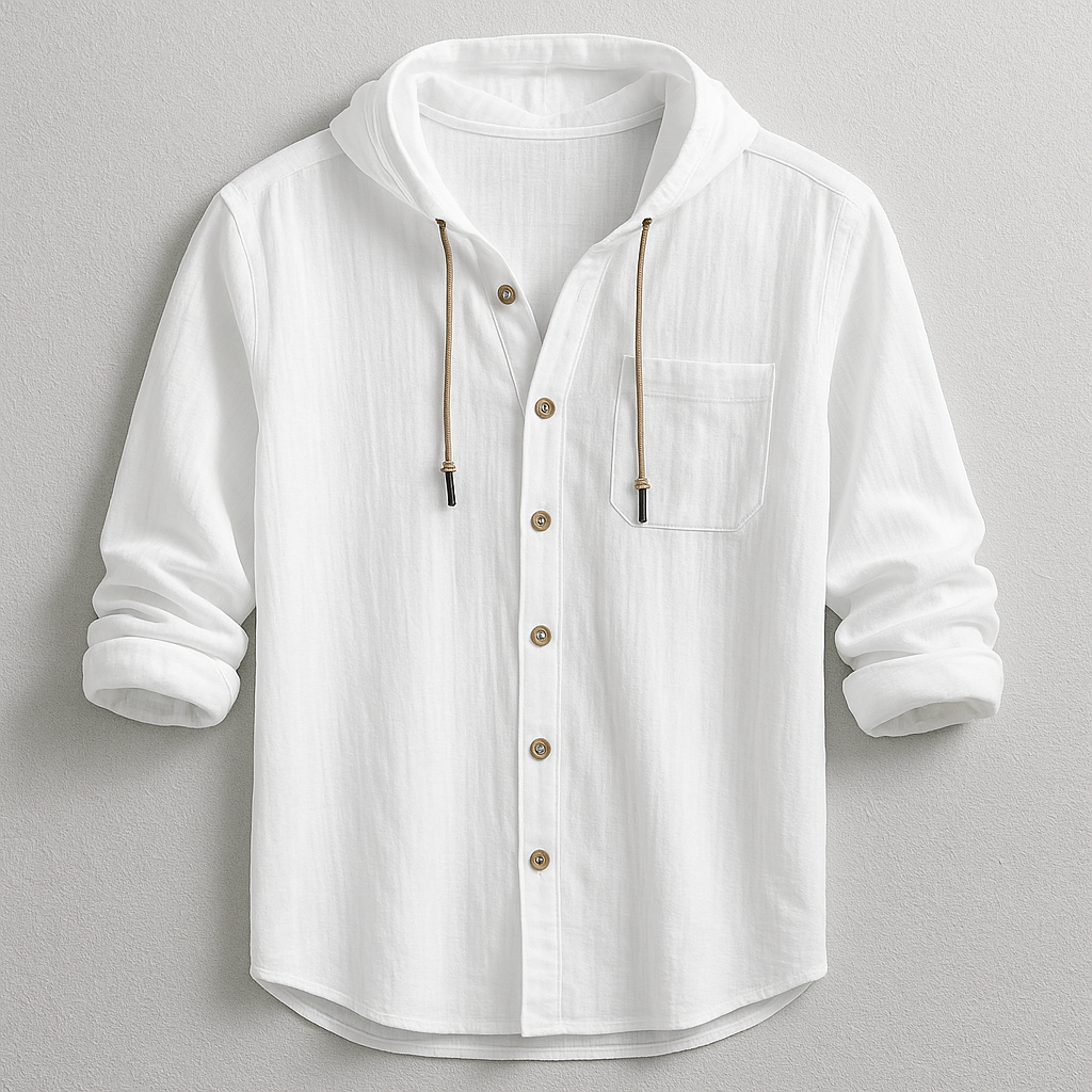 Stylish men's casual button-up hooded shirt. Features a chest pocket & long sleeves for comfort.