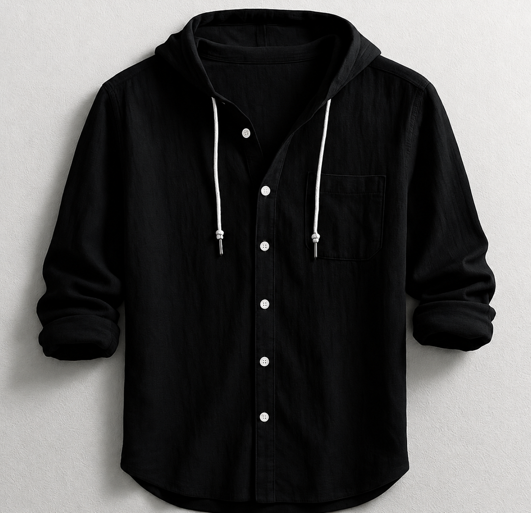 Versatile men's casual hooded button-up shirt, great for layering or standalone wear. Chest pocket detail.