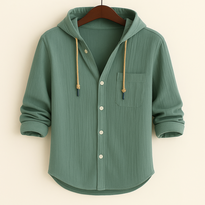 Stylish men's long sleeve hoodie shirt, perfect for versatile spring and summer casual fashion.