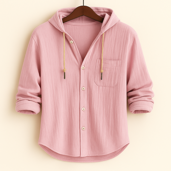 Men's long sleeve hoodie shirt with a relaxed fit, offering versatile style for casual outfits.
