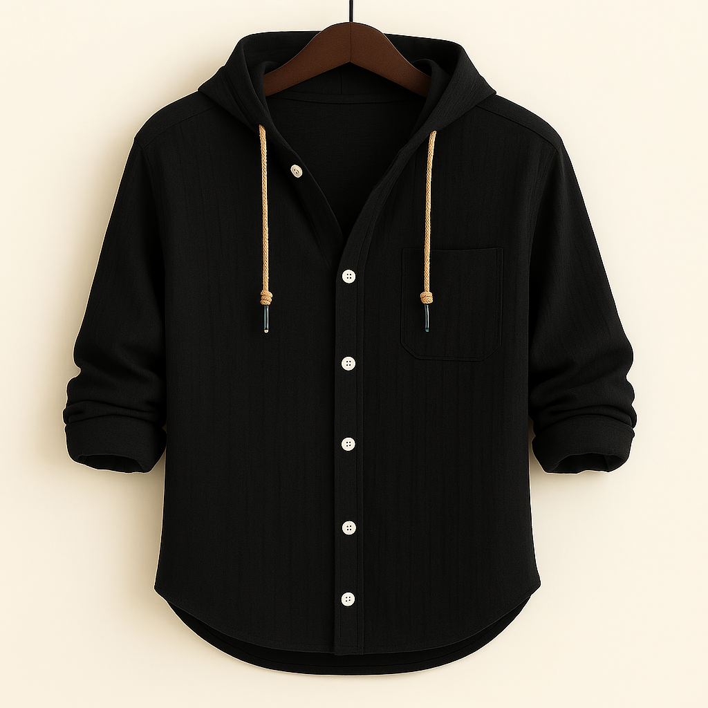 Relaxed fit men's casual hoodie shirt, a comfortable and breathable long sleeve top for everyday fashion.