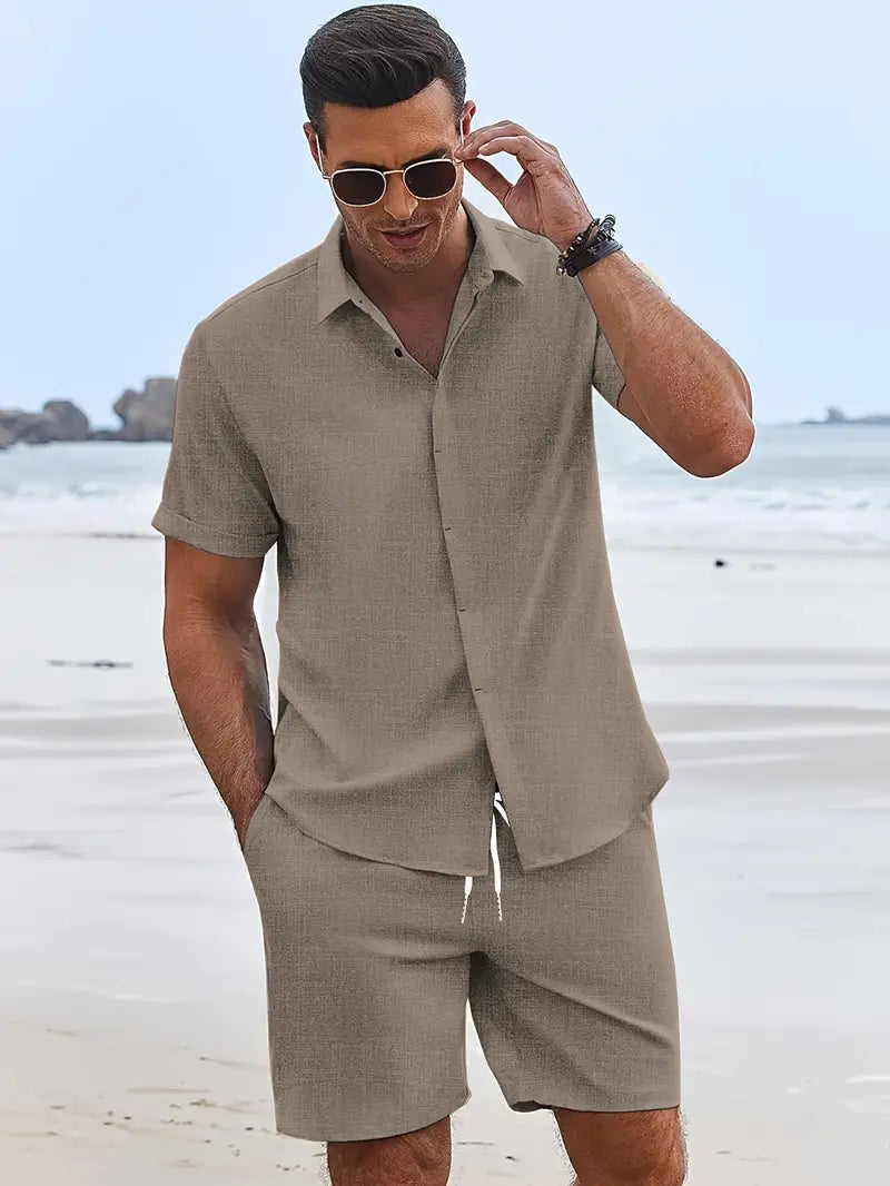Men's casual khaki summer shirt and shorts set, perfect as a beach outfit or loungewear.