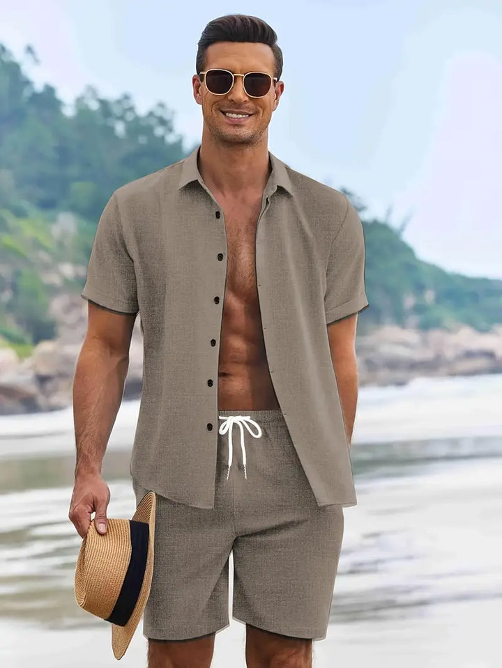 Khaki men's two-piece summer set, featuring a short-sleeve shirt and matching shorts for holiday wear.