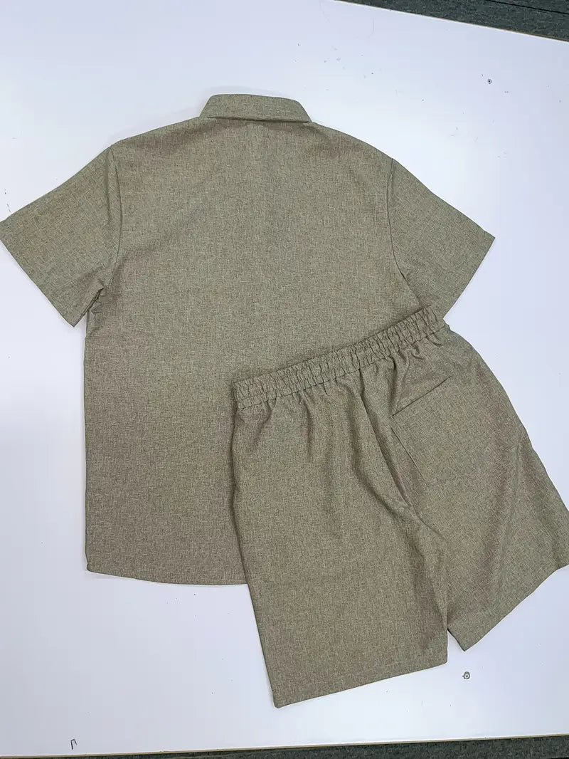 Fashionable men's khaki casual wear summer set, ideal for relaxed style and holiday apparel.