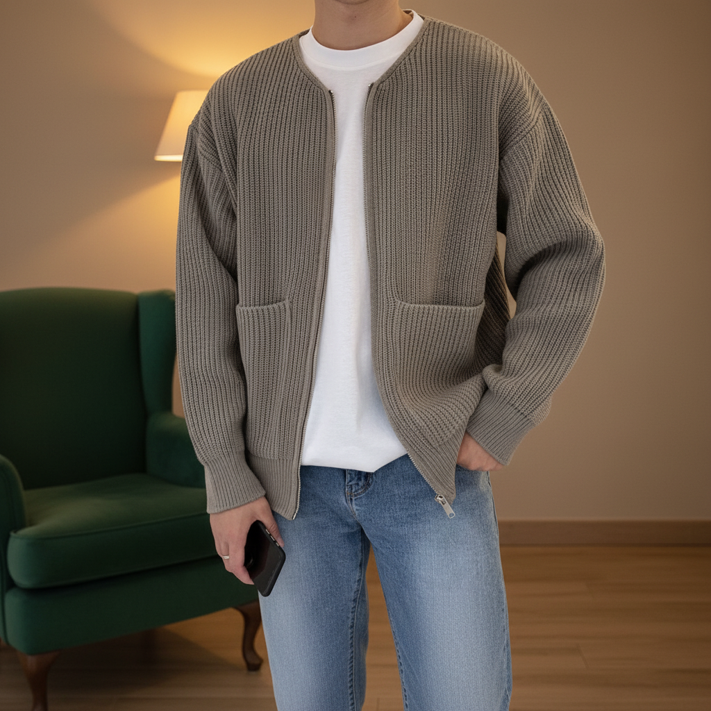 Men's casual knit cardigan sweater in gray with long sleeves, front view