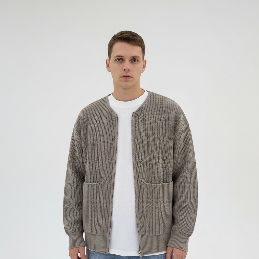 Close-up of the textured knit pattern on a men's casual cardigan sweater